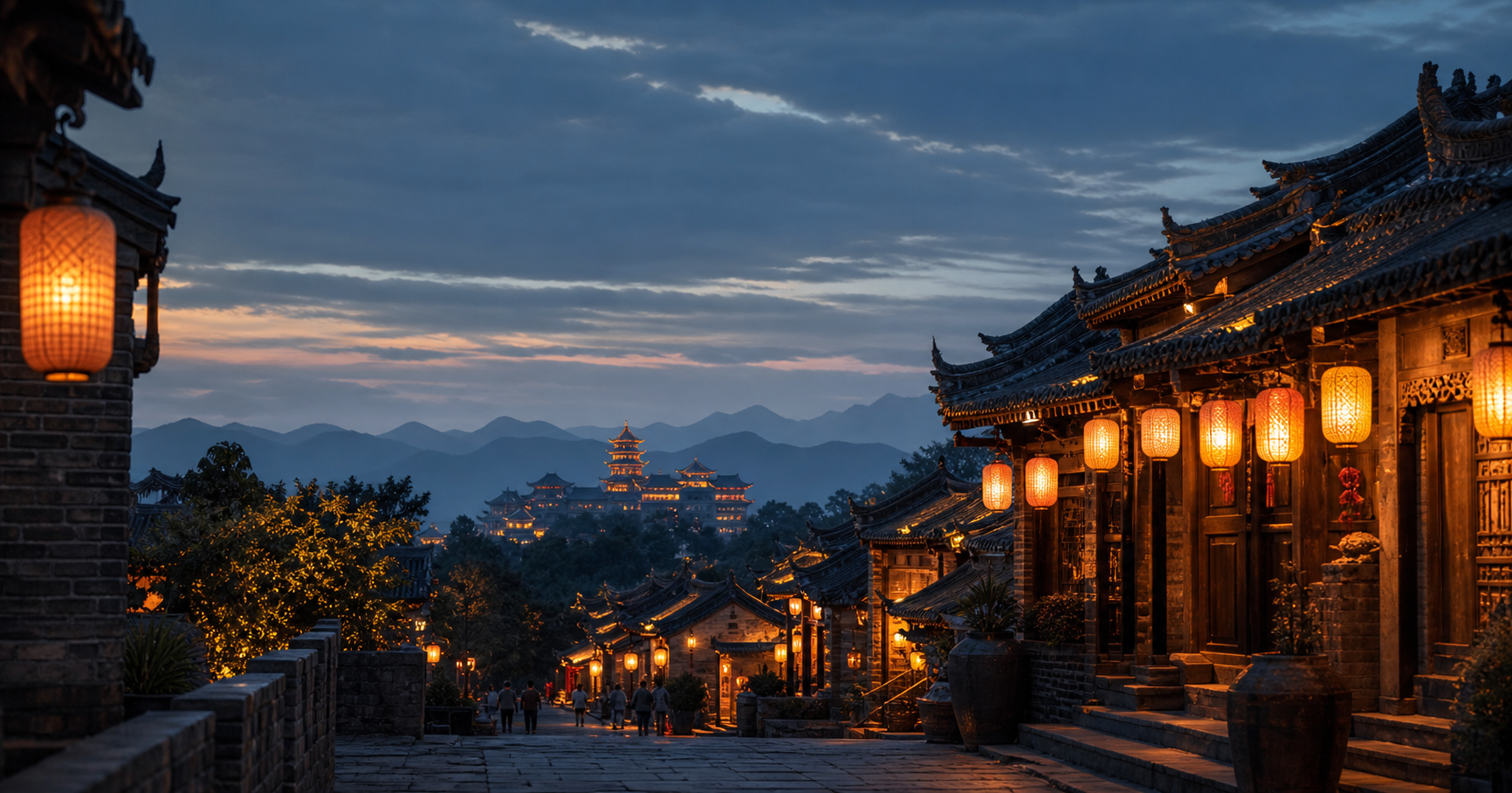 Historic Henan architecture and mountain landscape at dusk