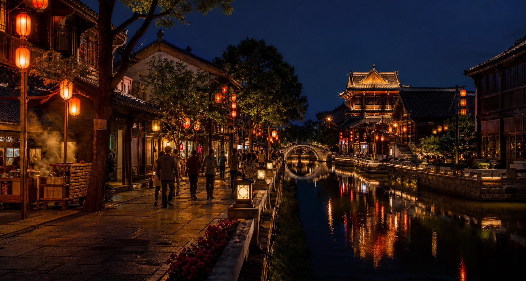 Lantern-lit historic streets and canal in Kaifeng at night