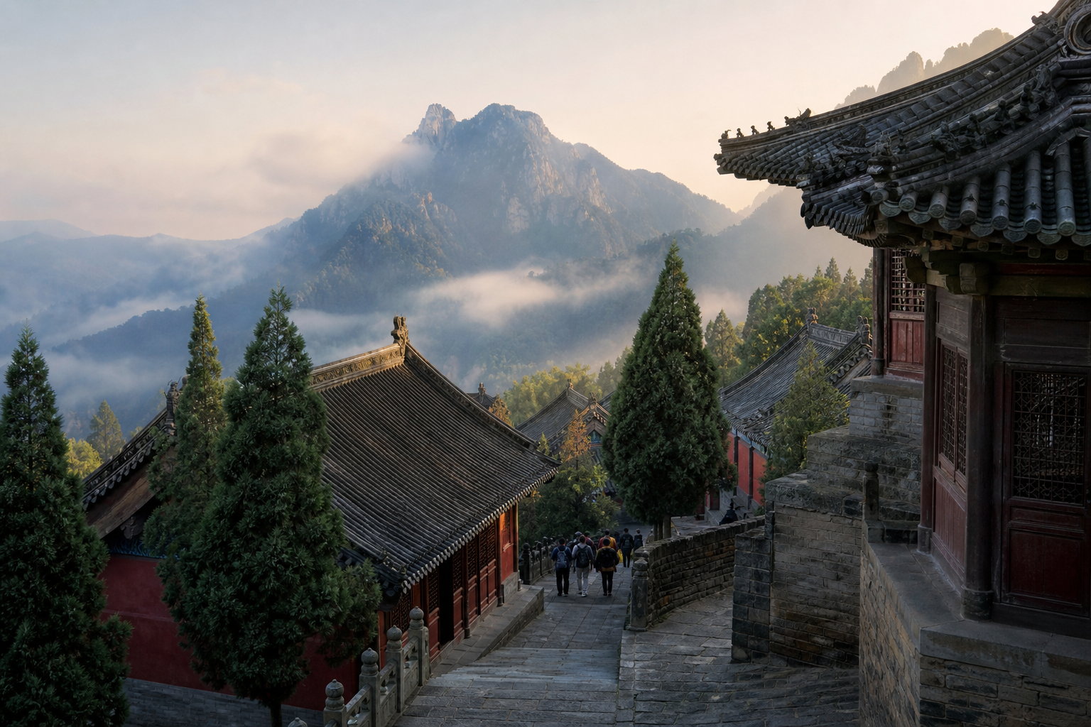 Temple roofs and mountain peaks in the Songshan landscape